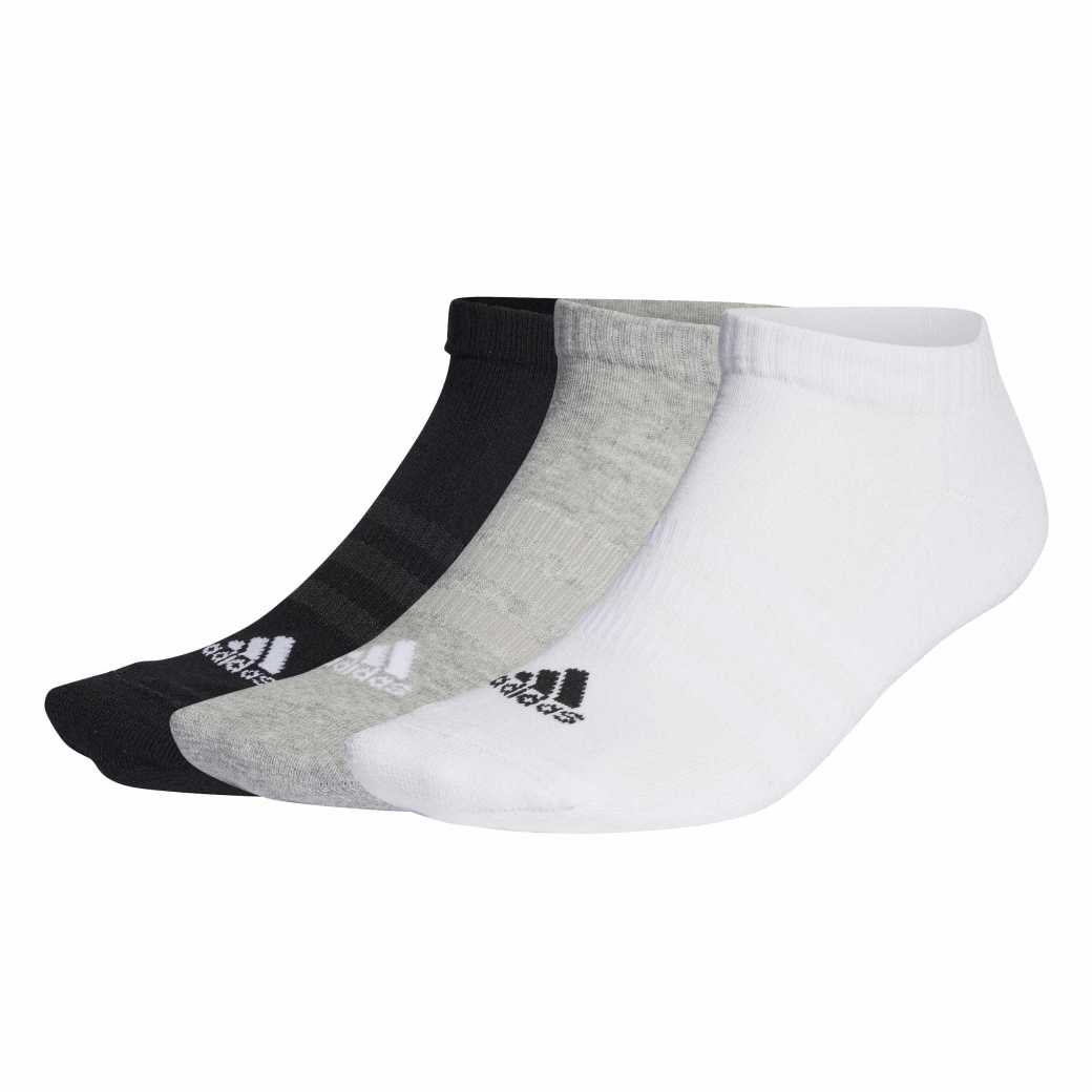 Imagem do kit de meias esportivas Adidas cano baixo em cores preto, cinza e branco, ideal para uso esportivo.